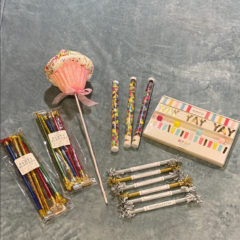 PARTY KIT - 3 Banner Set w Confetti Wands, Sparklers, & Blowers NWT
